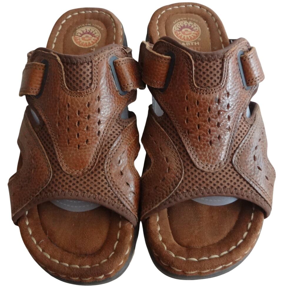 Vintage 90s Y2K Earth Spirit Mens 8 Slide Sandal Hook Loop Slip On Brown Leather